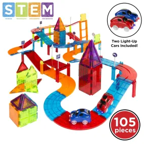 105-Piece Kids Magnetic Tile Car Race Track STEM Building Toy Set w/ 2 Cars