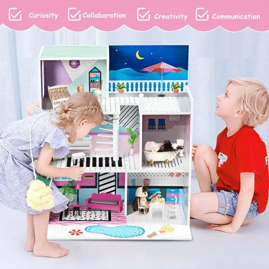 3 Level Kids Pretend Play Doll Cottage House