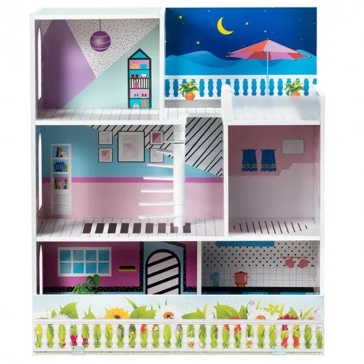 3 Level Kids Pretend Play Doll Cottage House