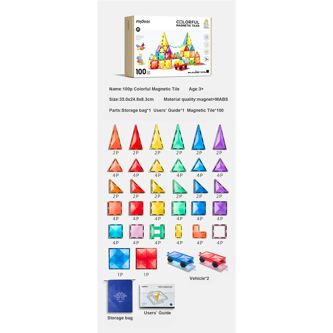 Creative Pack 100pcs Rainbow Magnetic Tiles