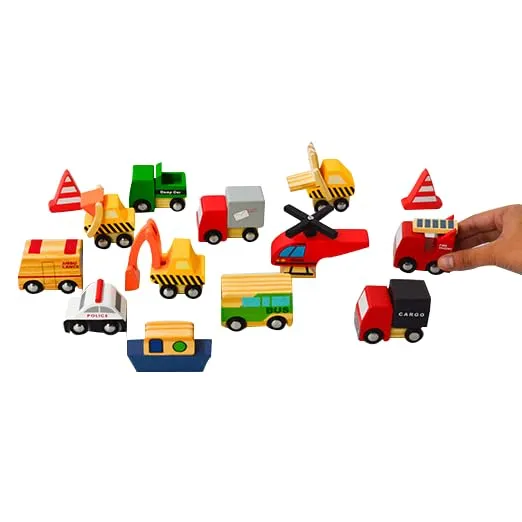 Playbox 12 Colorful Mini Construction Vehicles Little Wagon Cars Wooden Toy Set