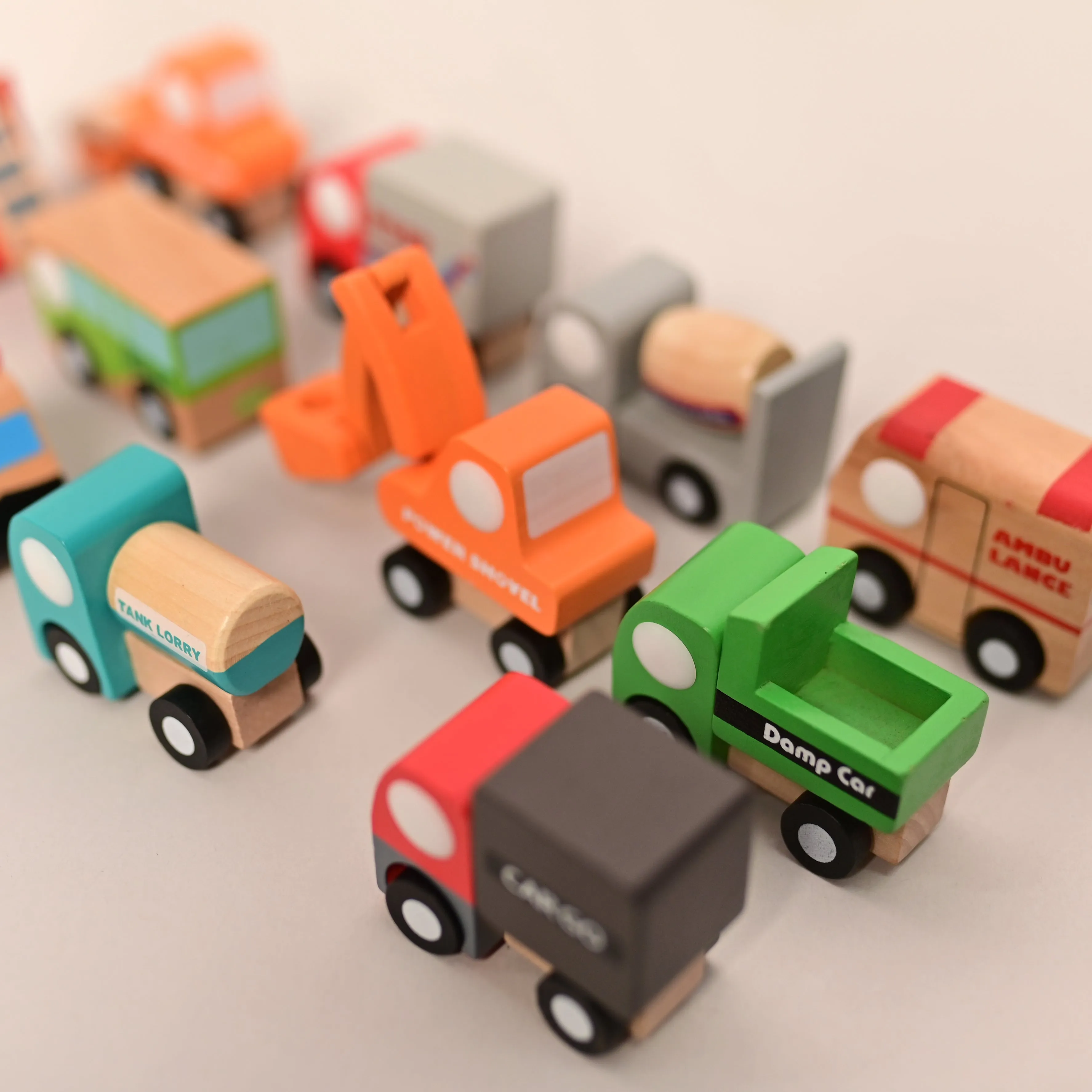 Playbox 12 Colorful Mini Construction Vehicles Little Wagon Cars Wooden Toy Set