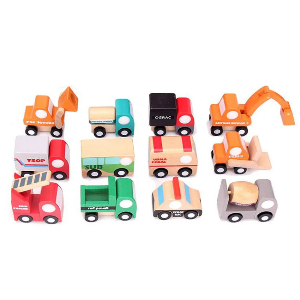 Playbox 12 Colorful Mini Construction Vehicles Little Wagon Cars Wooden Toy Set