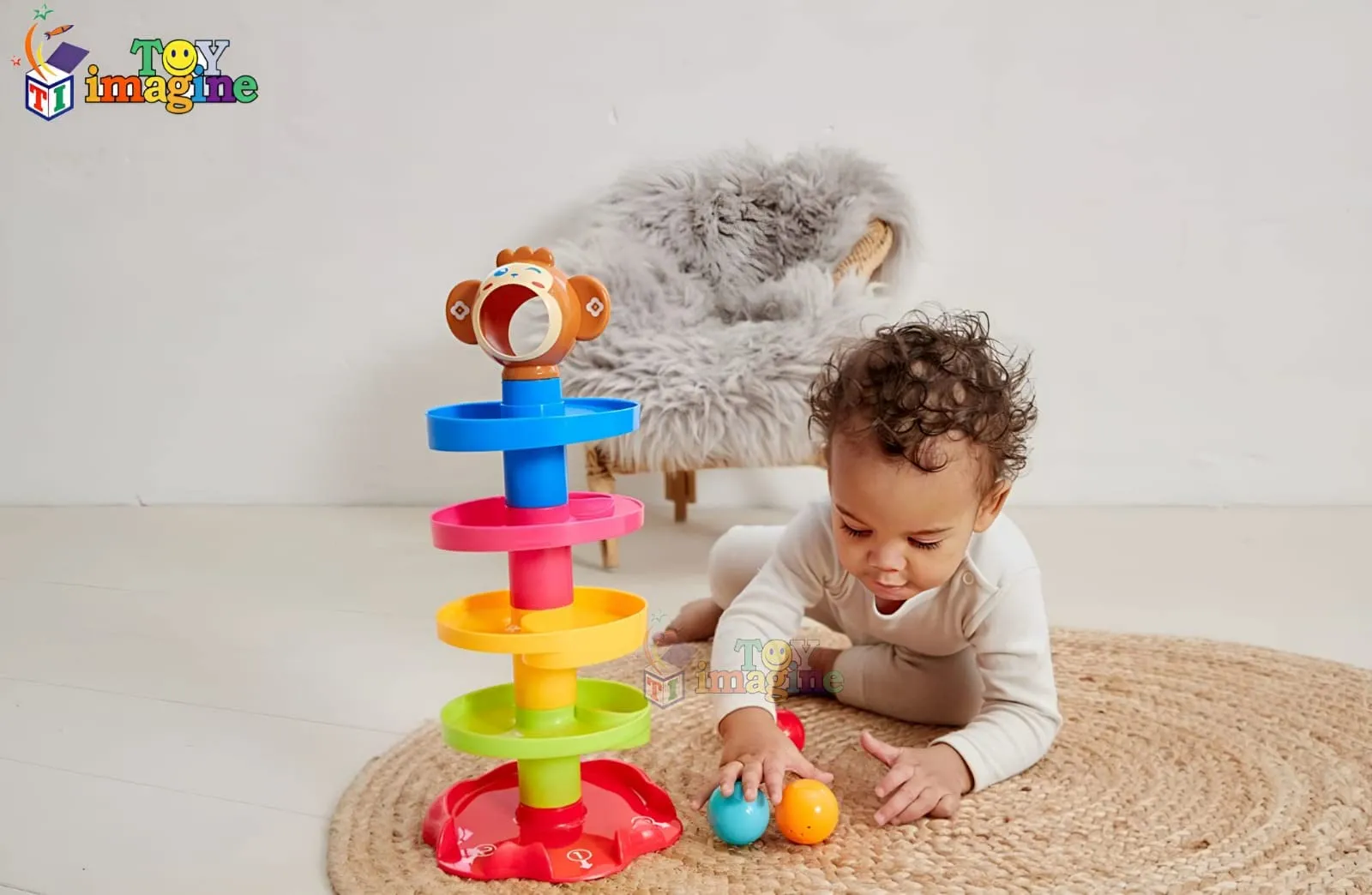 Toy Imagine RAMP ROLL, 5 Layer Ball Drop and Roll Swirling Tower for Toddler|3 Puzzle Rattle Balls Monkey Face at The Top|Non Toxic Material| Stack,Dr