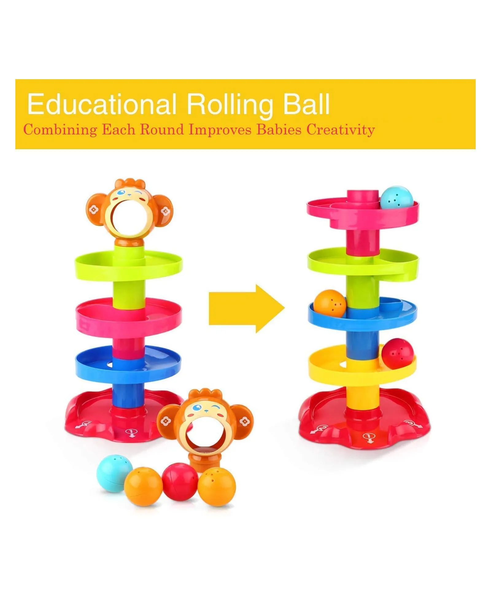 Toy Imagine RAMP ROLL, 5 Layer Ball Drop and Roll Swirling Tower for Toddler|3 Puzzle Rattle Balls Monkey Face at The Top|Non Toxic Material| Stack,Dr