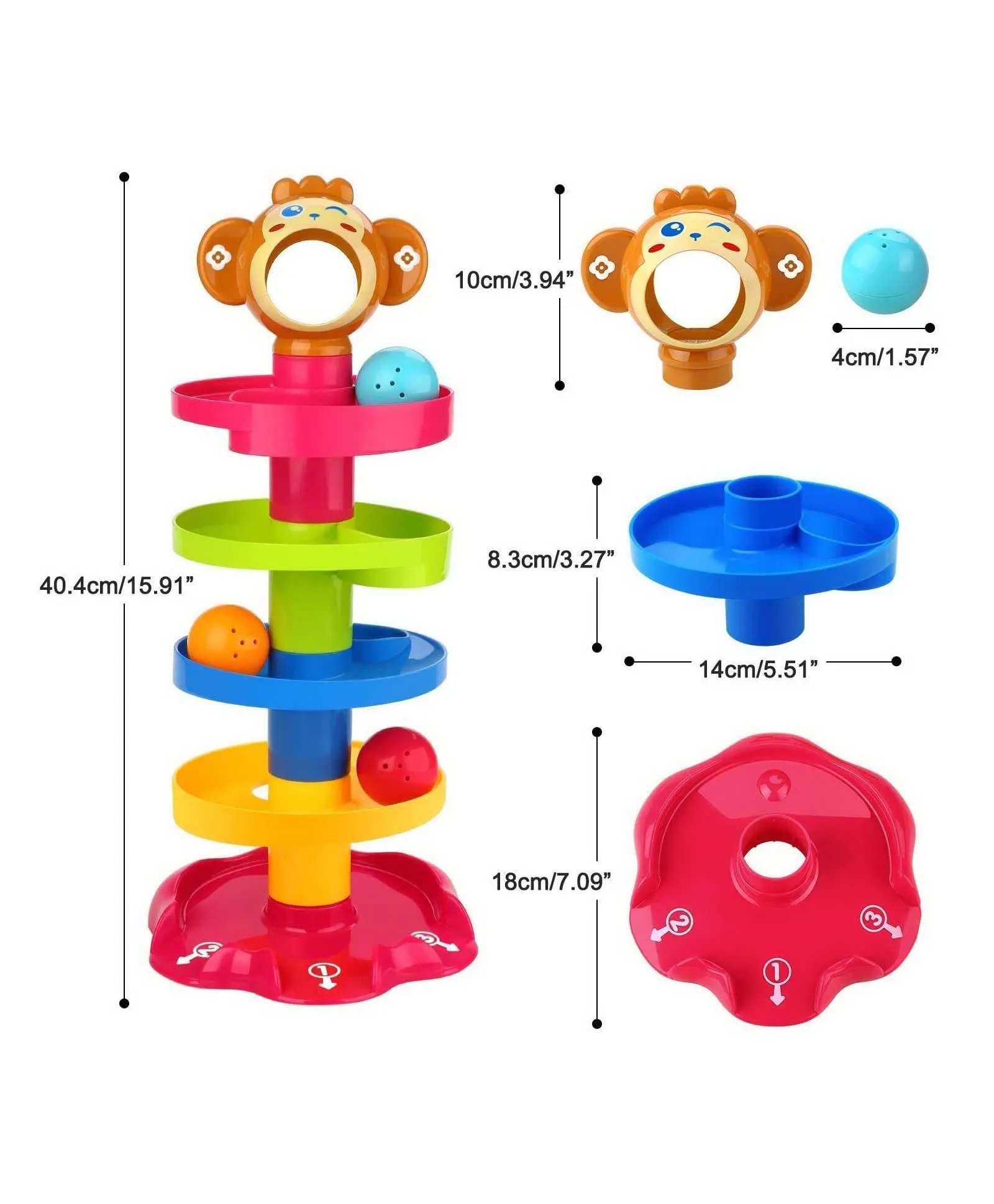 Toy Imagine RAMP ROLL, 5 Layer Ball Drop and Roll Swirling Tower for Toddler|3 Puzzle Rattle Balls Monkey Face at The Top|Non Toxic Material| Stack,Dr